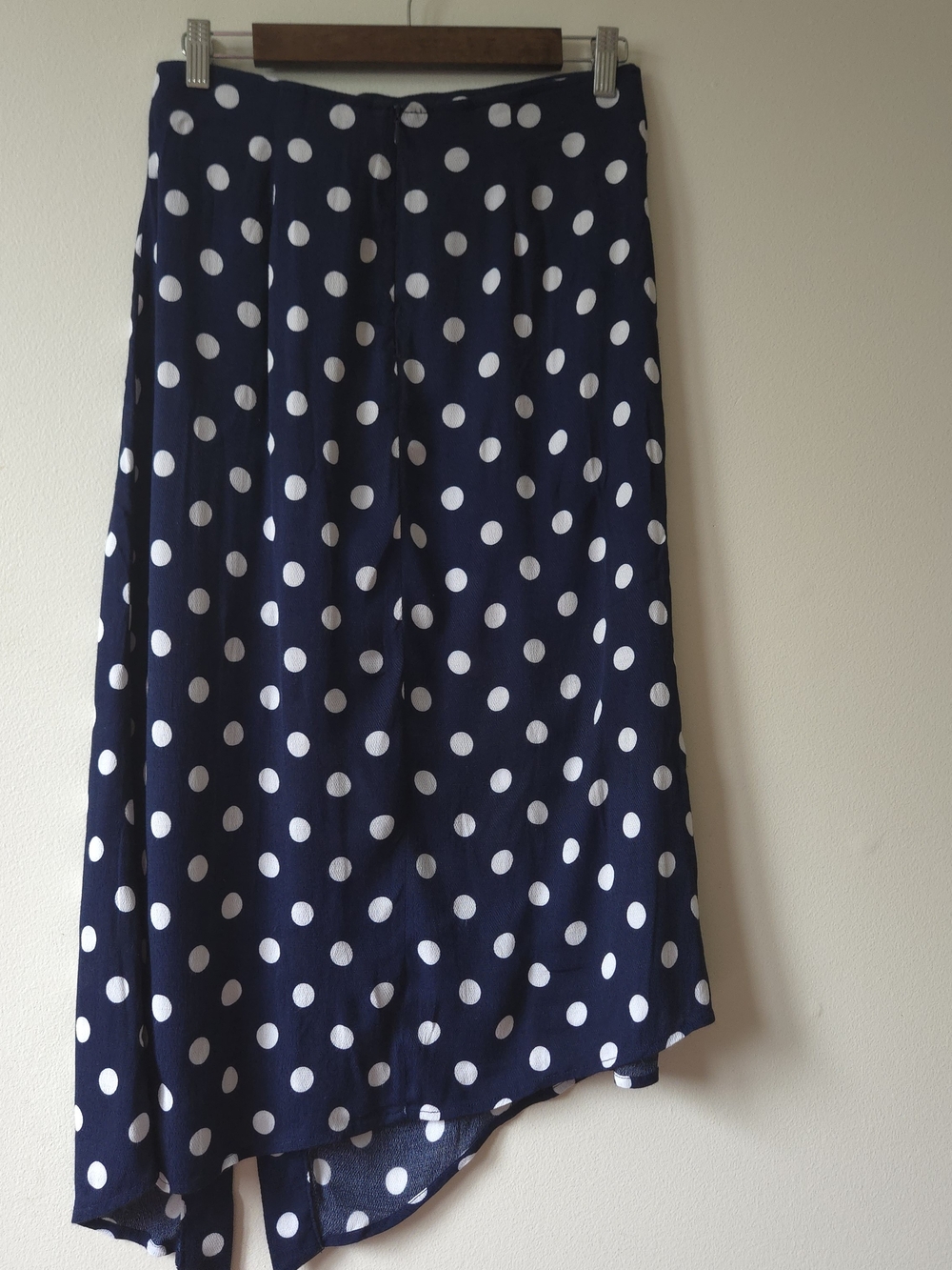 MANGO Casual Navy Polka Dot Asymmetrical Midi Skirt Front Slit Size S Small - Picture 3 of 9